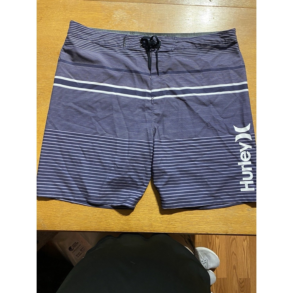 Hurley Logo Blue & White Stripe Board Shorts Size 40 Unlined Beach Summer Surfer